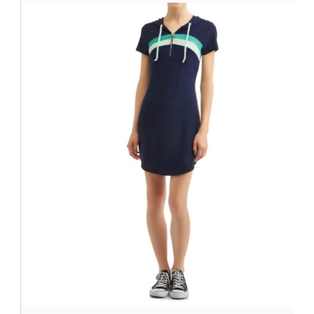 No Boundaries Short Sleeve Hooded Dress Medium Navy Blue Green Stripe Mini Zip‎